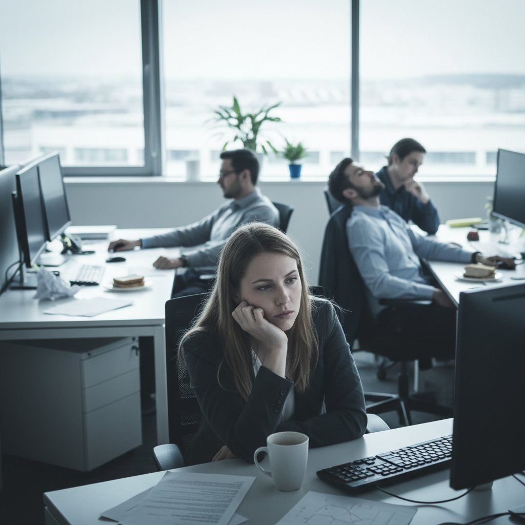 Zdjęcie biura, w którym osoby siedzą zamyślone i wycofane, obrazujące hipopobudzenie w pracy