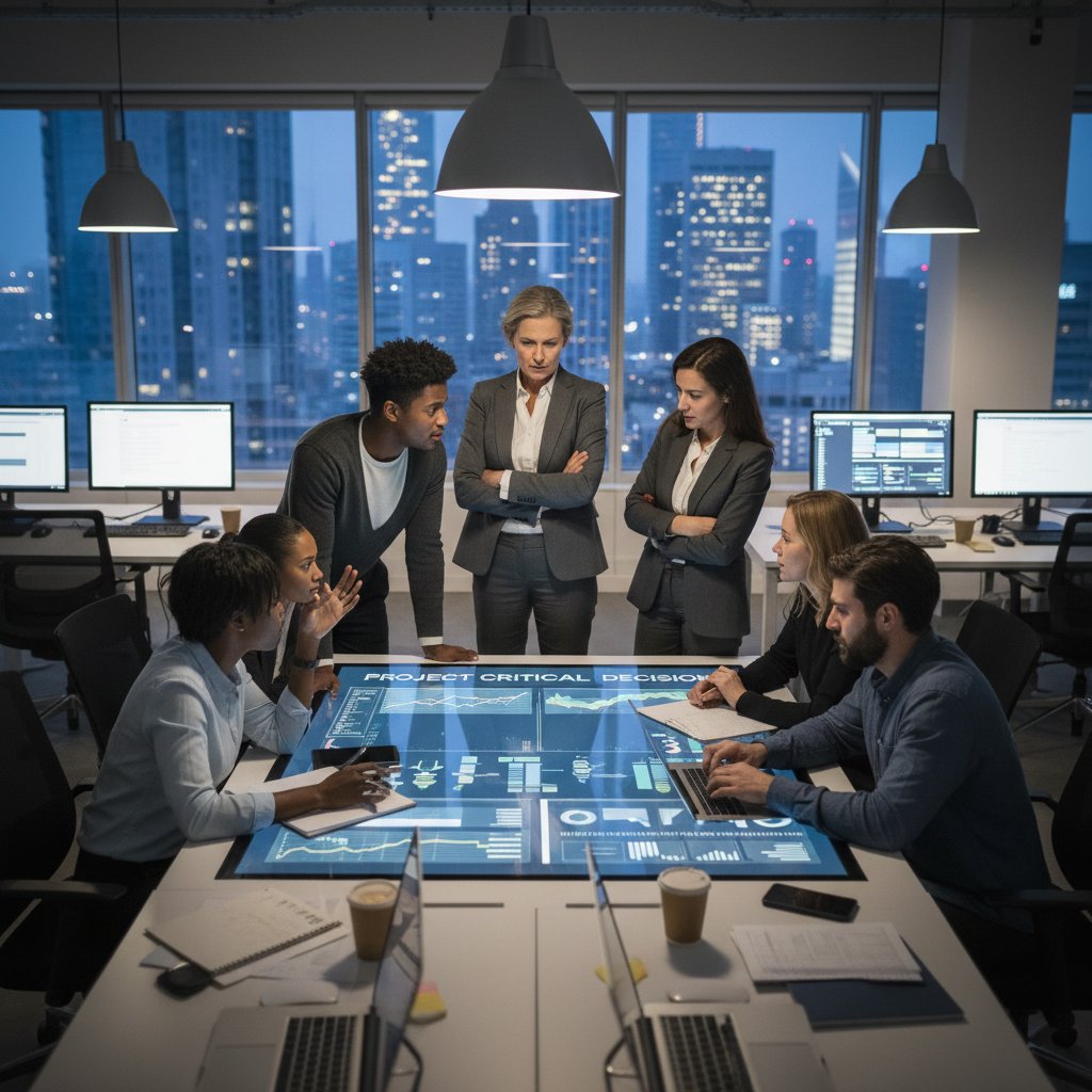 Two colleagues whispering in a glass-walled meeting room, depicting office politics influencing project decisions and team collaboration