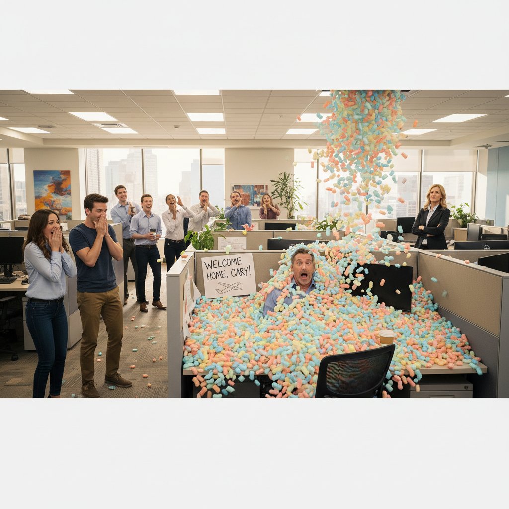 Stylized office team pulling a prank, with flying papers and laughter