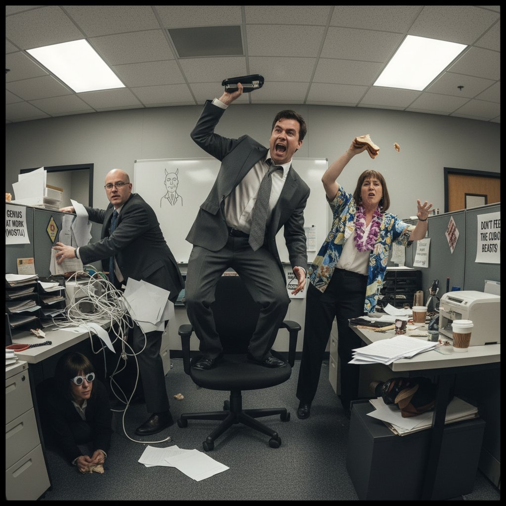 Modern diverse office team reenacting a famous comedy scene, laughing