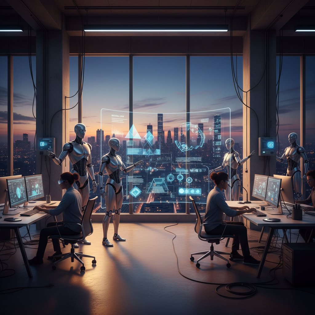 Office scene showing humans and AI assistants collaborating, virtual assistant replacement, city skyline at twilight, high-contrast