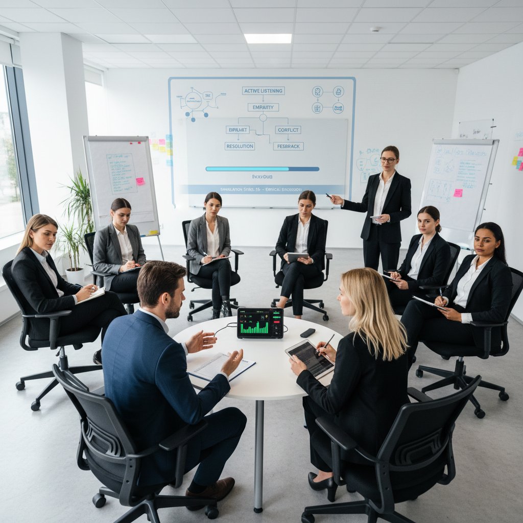 Dwójka osób ćwiczy trudną rozmowę podczas symulacji w biurze