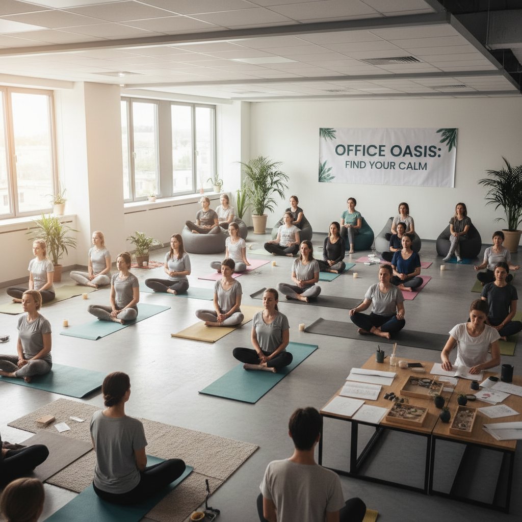 Różnorodne osoby w biurze, jedna praktykuje oddech, inna ćwiczy, ktoś rozmawia z AI na komputerze