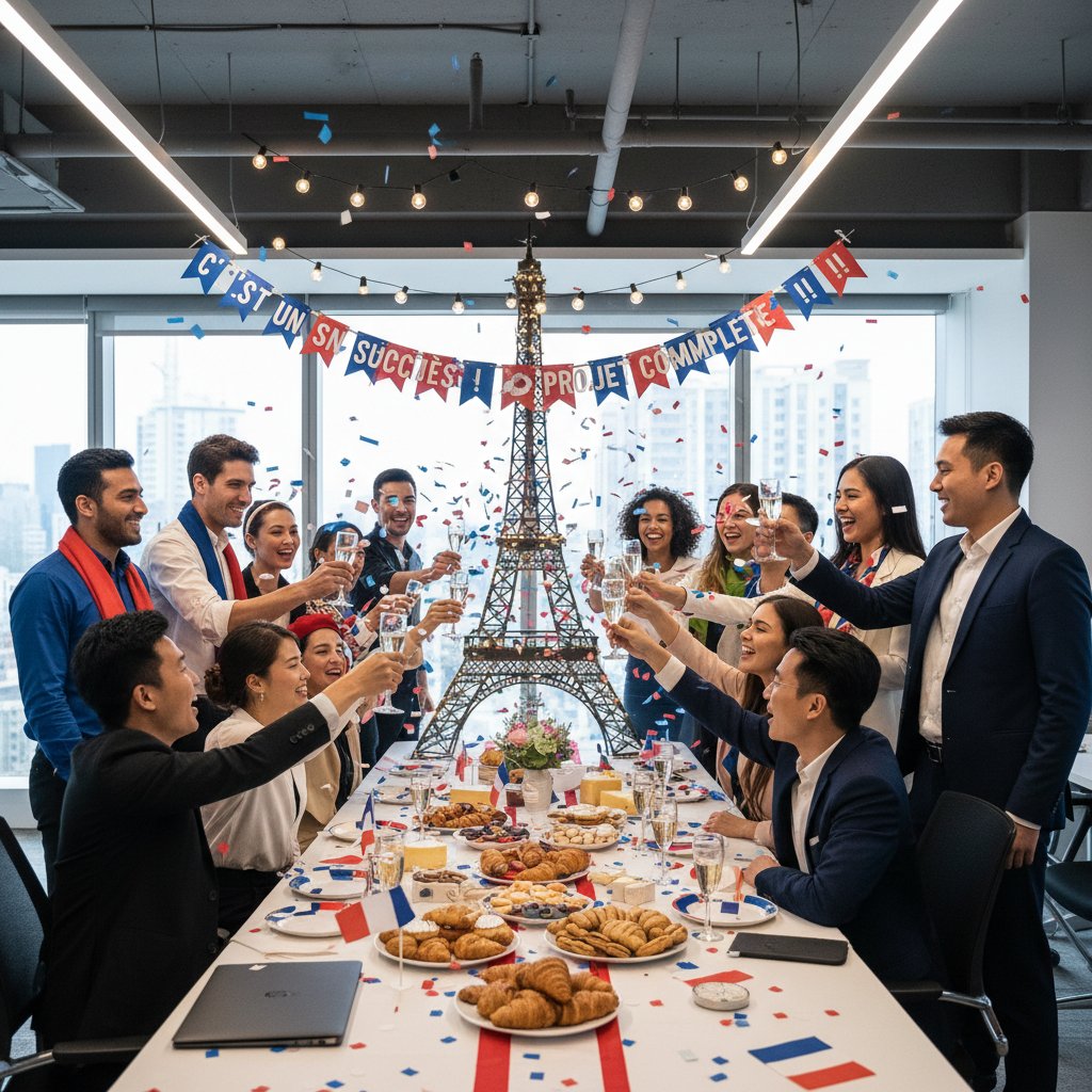 Dynamiczna scena biurowa, zespół podczas świętowania sukcesu, emocje radości, francuski motyw