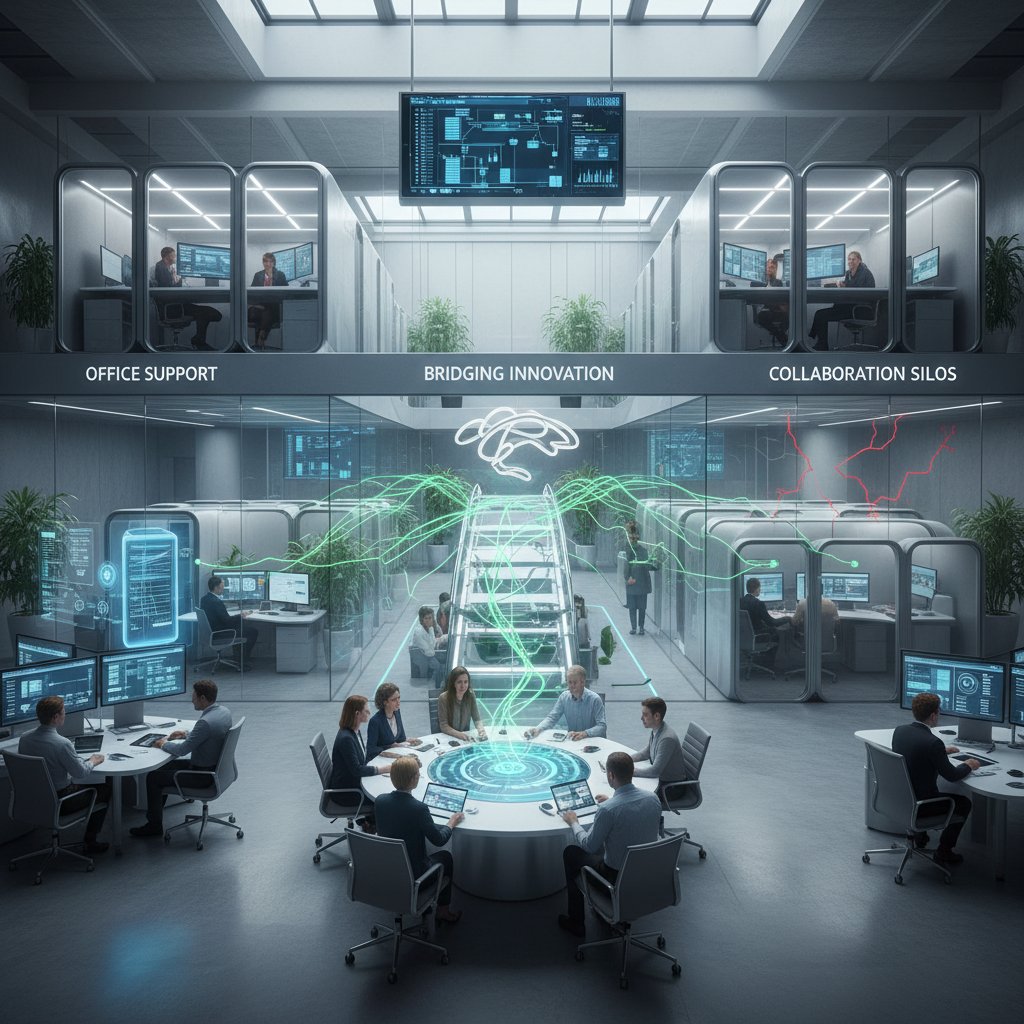 Teams separated by glass partitions in a modern office, symbolizing organizational silos and breakdown in collaboration