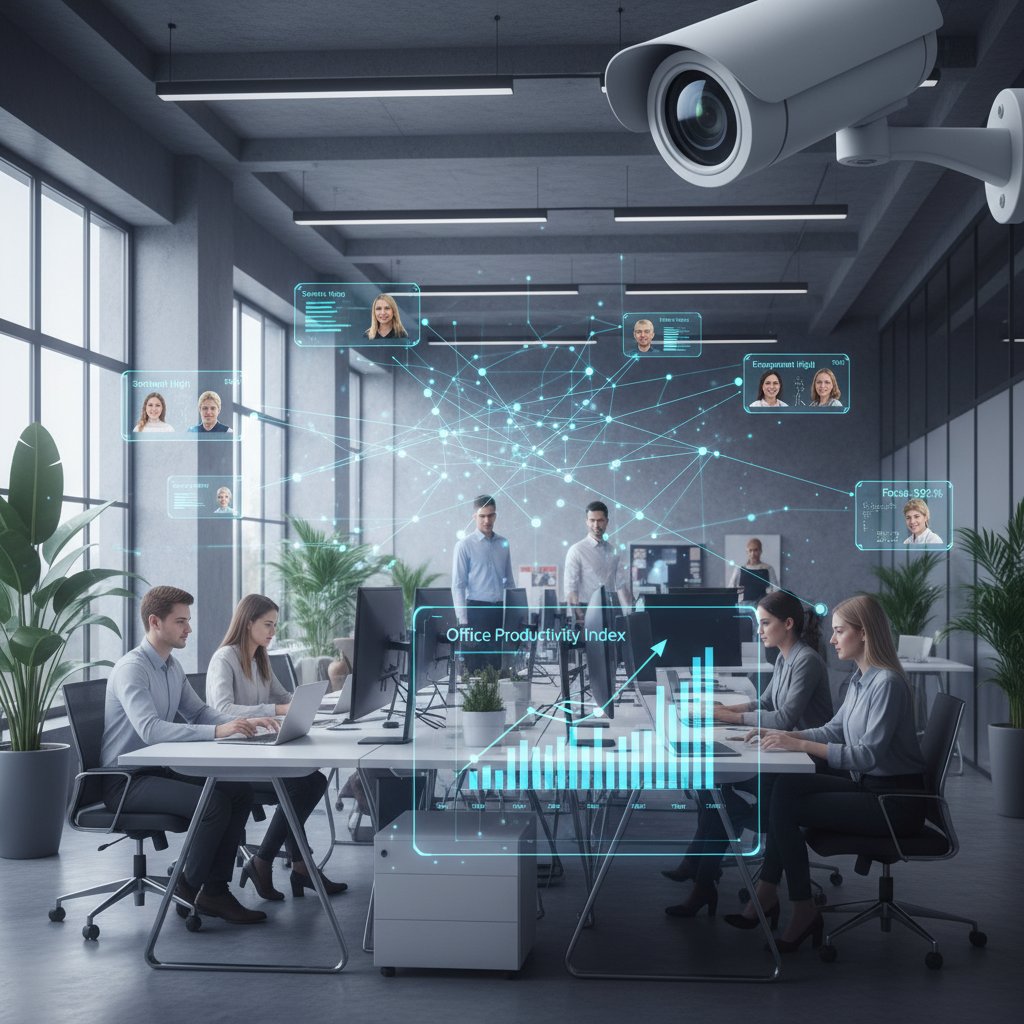 Zdjęcie kamery monitoringu w typowym biurze, AI analizuje twarze pracowników