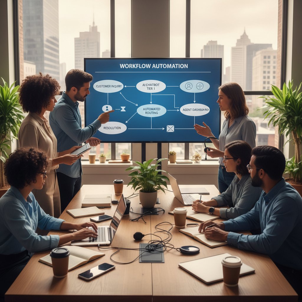 Zespół wdrażający system automatyzacji obsługi klienta w środowisku biurowym