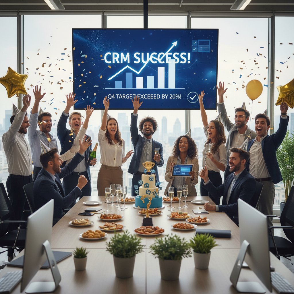 Zespół świętujący udane wdrożenie CRM w biurze, dynamiczna scena sukcesu i napięcia