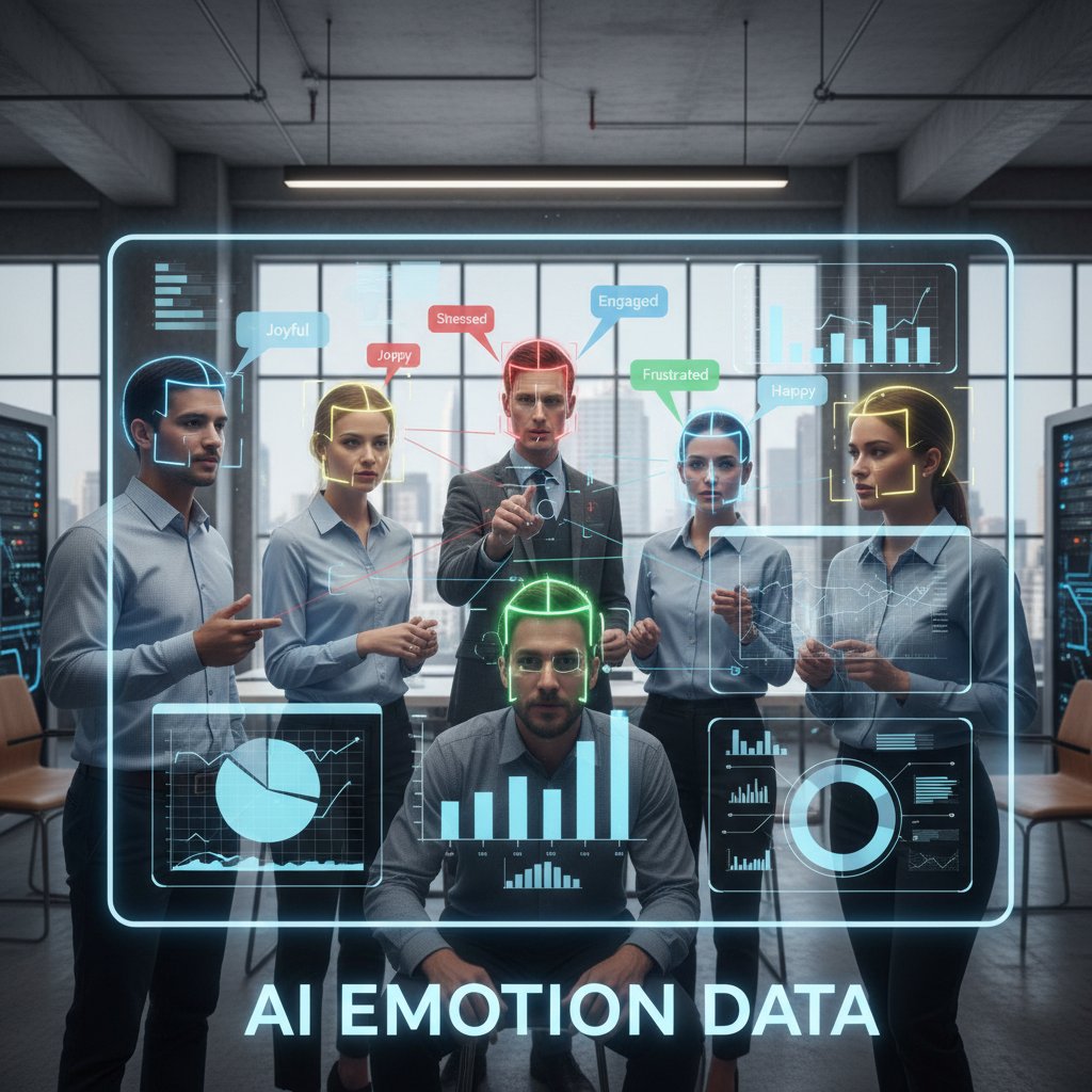 Biuro open space z zespołem przy komputerach, z wizualizacją danych emocji AI na ekranach