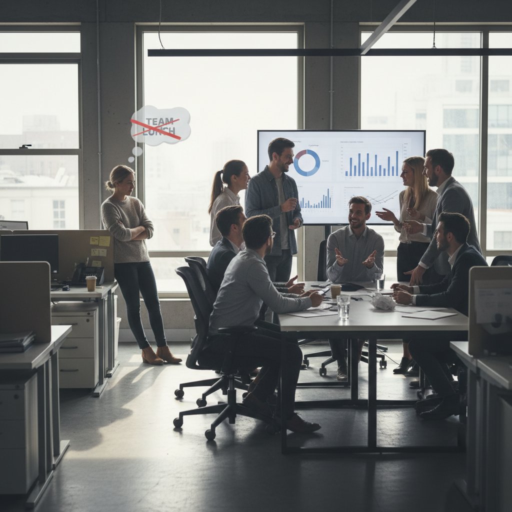 Zespół w biurze, jedna osoba z boku wykluczona z rozmowy, obraz typowego gaslightingu w pracy