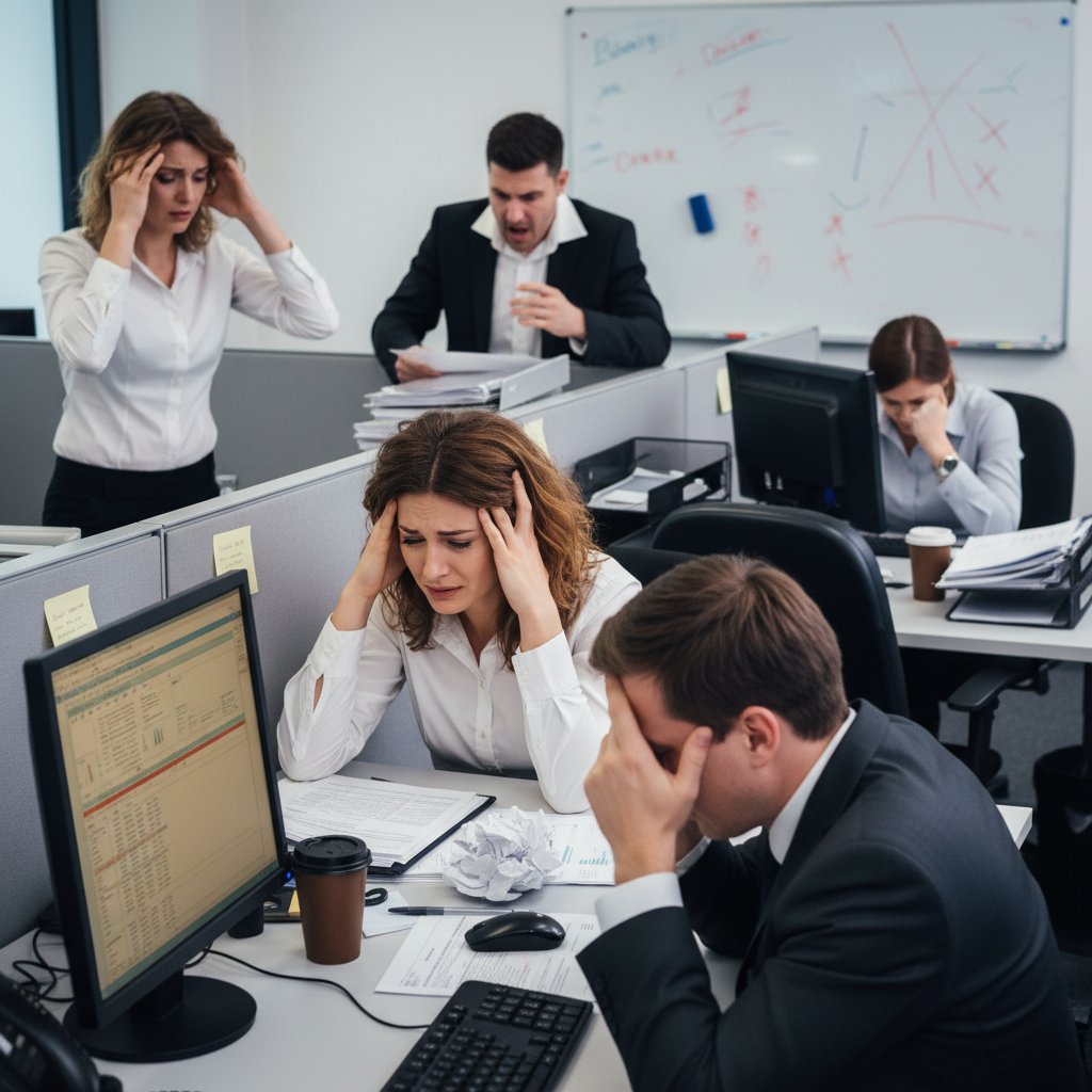 Zespół ludzi w biurze, wyraźnie zestresowanych i zamyślonych – nierozpoznane rozregulowanie emocji w pracy