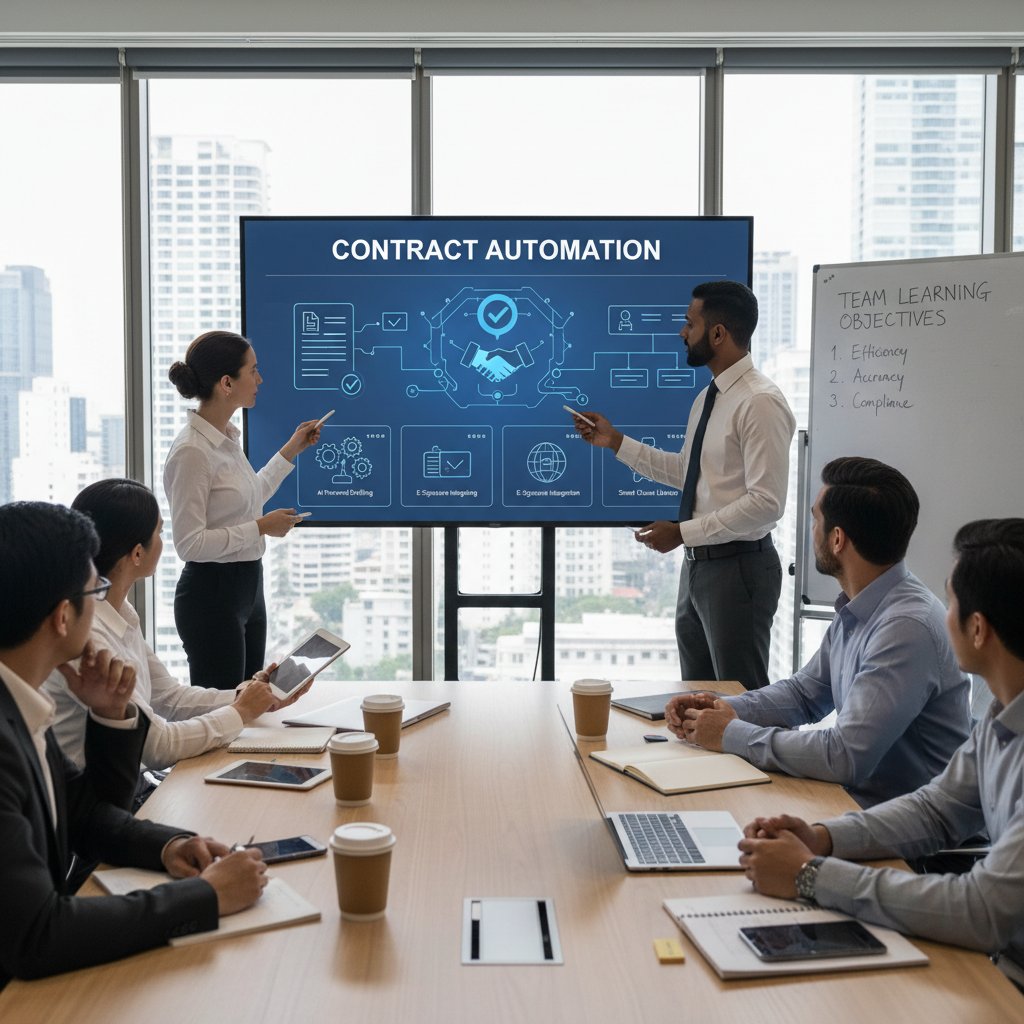 Modern office training session with digital displays, engaged staff, emphasizing collaborative learning for contract automation