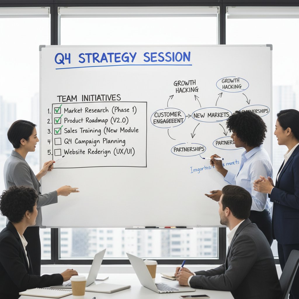 Biurowa tablica z checklistą wdrożenia automatyzacji, zespół omawia strategię