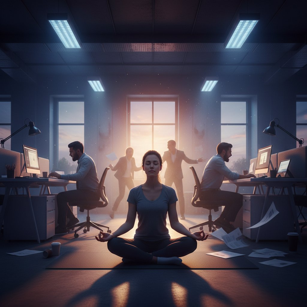 Biuro z widocznym napięciem, dramatyczne światło, jedna osoba ćwiczy mindfulness wśród chaosu