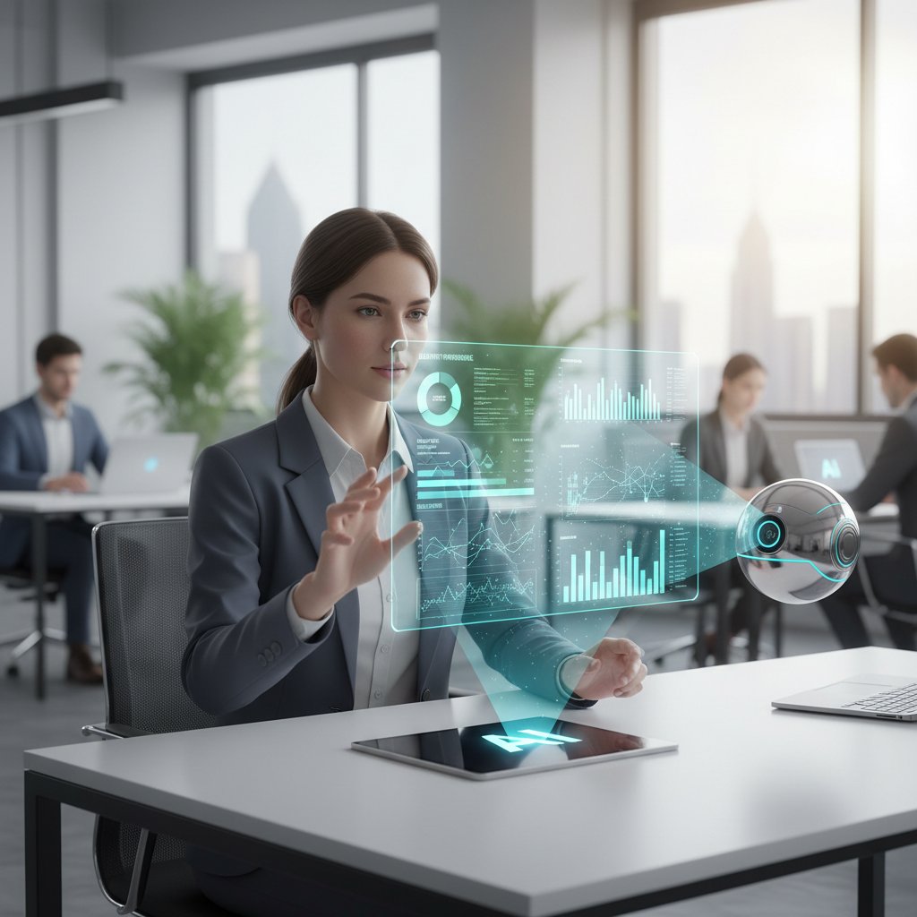 Pracownik biurowy współpracujący z wirtualnym asystentem AI nad raportem