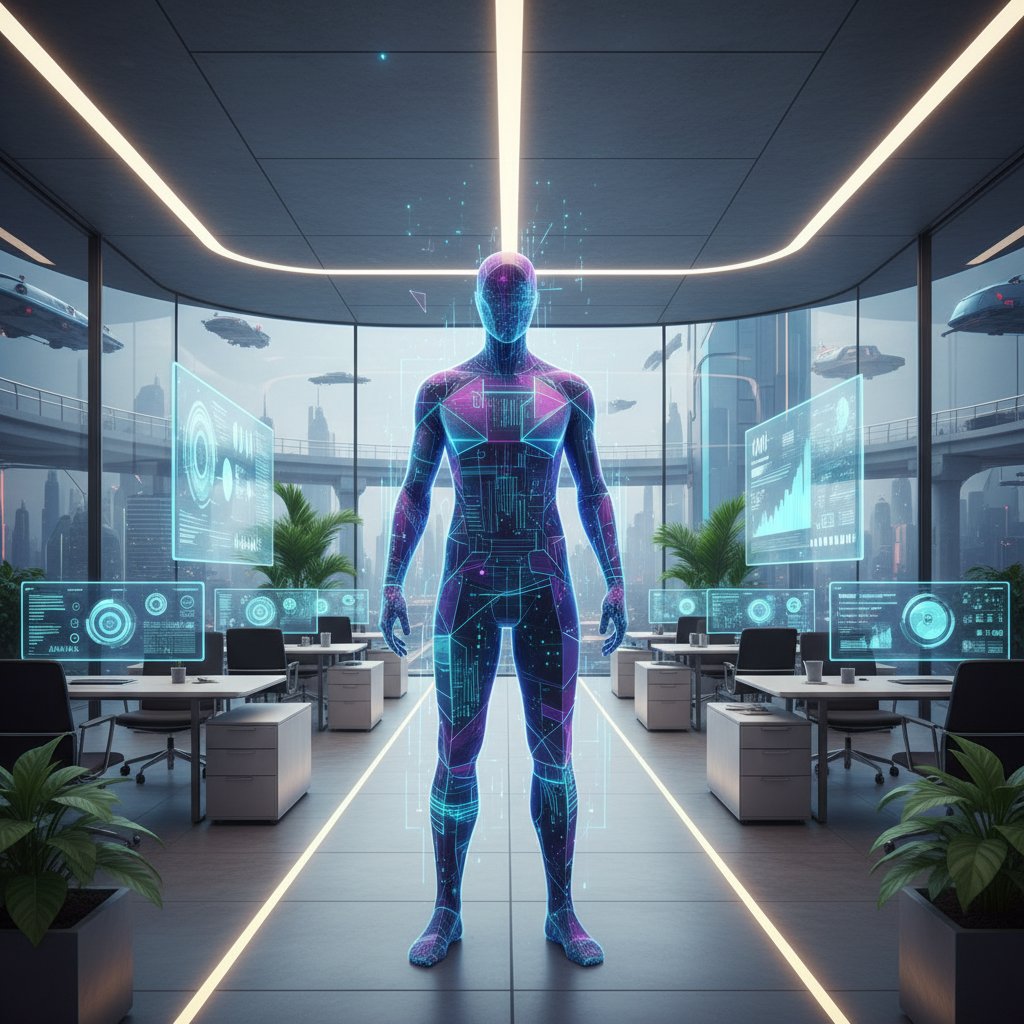 Pracownik biurowy rozmawiający z cyfrowym awatarem AI w nowoczesnym open space