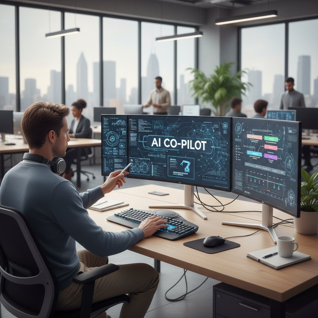Pracownik biura korzystający z narzędzi AI przy komputerze