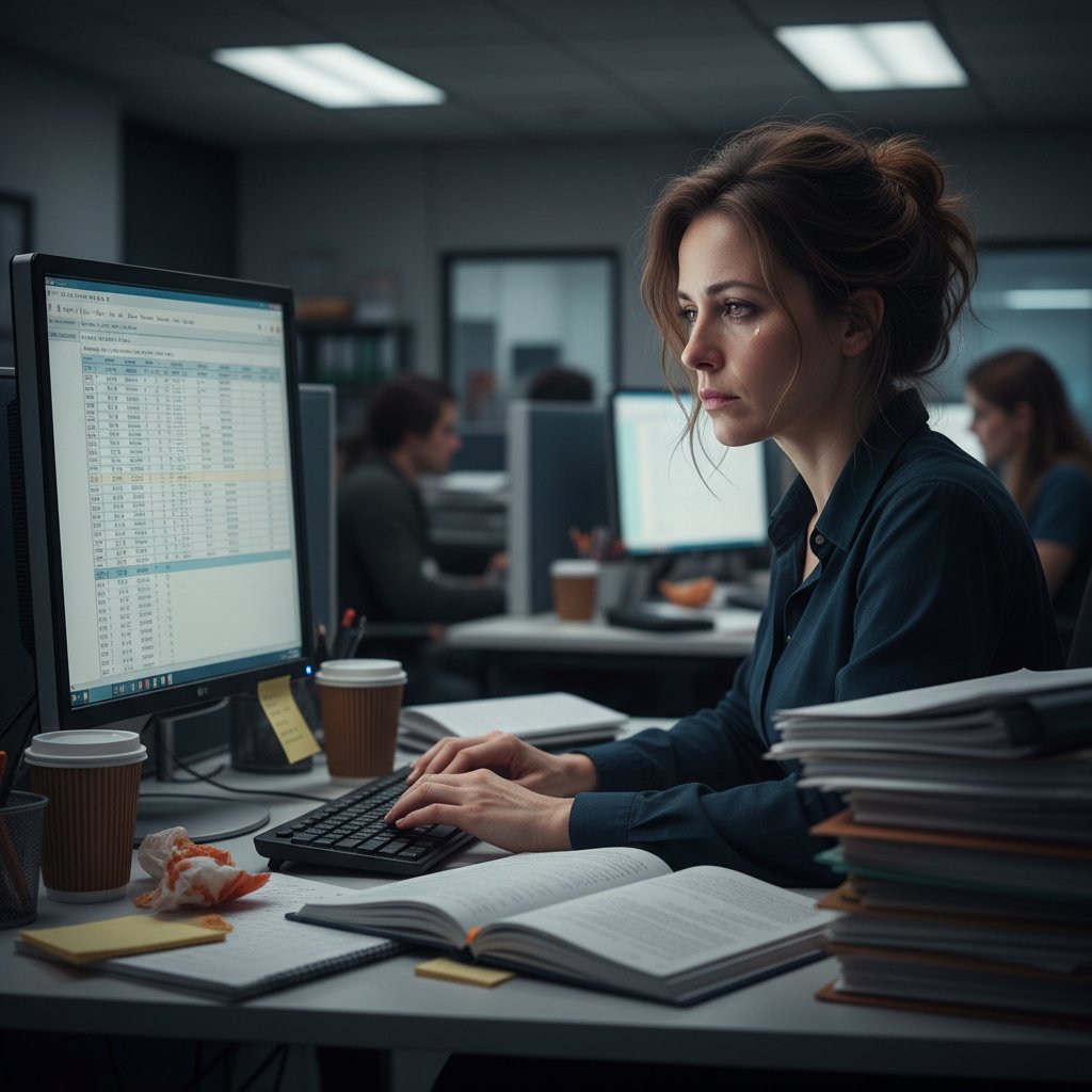 Pracownik biurowy z głową w dłoniach, wypalenie jako efekt fiksacji na pracy