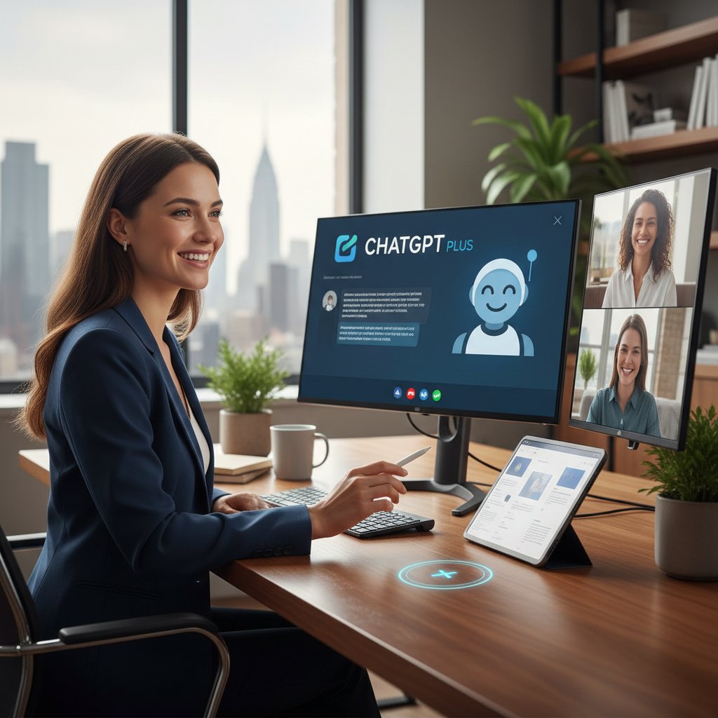 Pracownik biurowy korzystający z ChatGPT Plus podczas wideokonferencji, zadowolenie, nowoczesny design