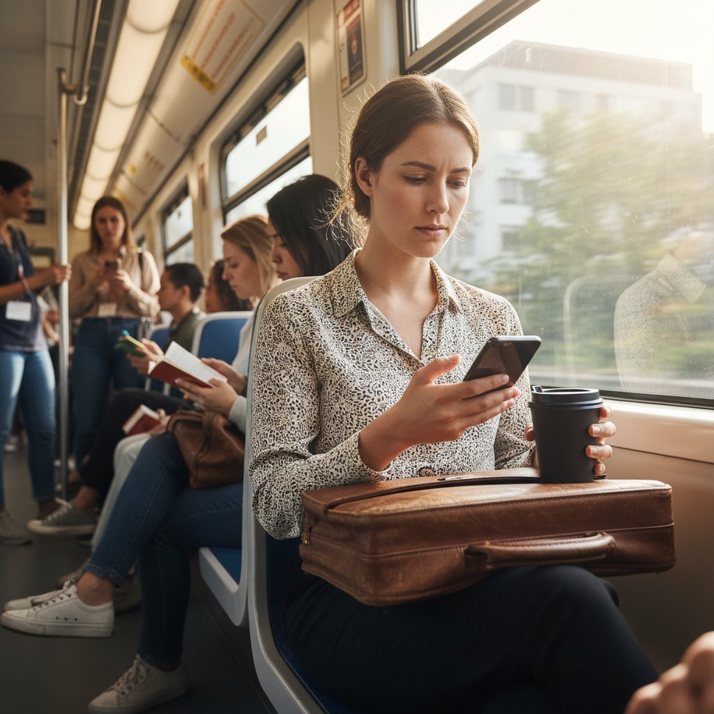 Pracownik biurowy spoglądający nerwowo na ekran smartfona w drodze do domu