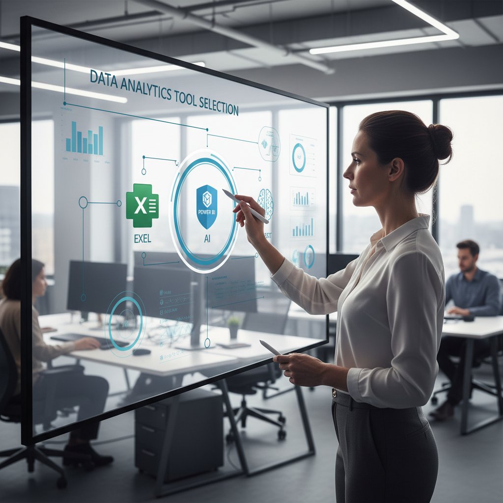 Specjalista wybiera narzędzie do raportowania: Excel, Power BI, AI, na ekranie komputera w nowoczesnym biurze