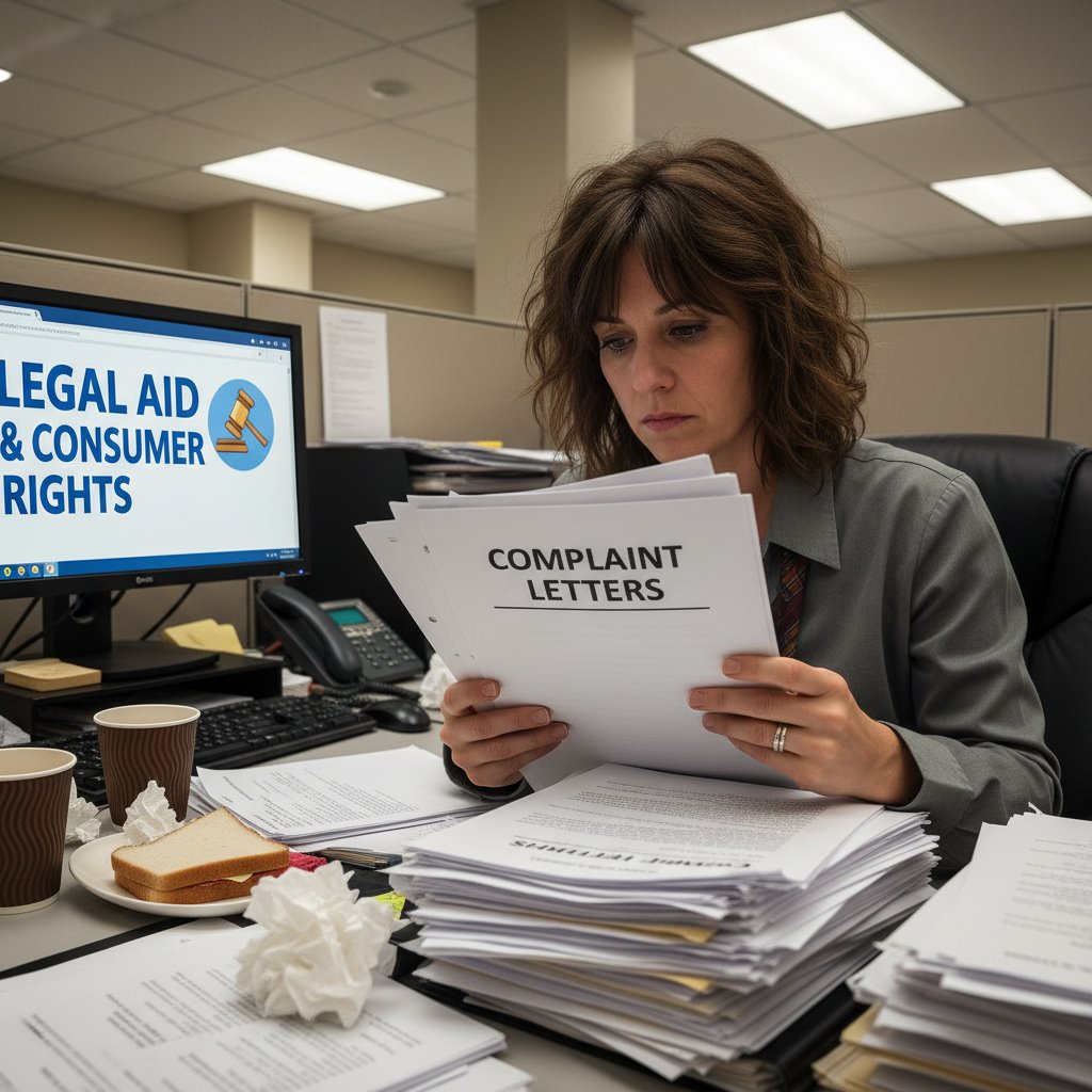 Urzędnik w firmie analizuje stos reklamacji, biurowe wnętrze, pomoc prawna