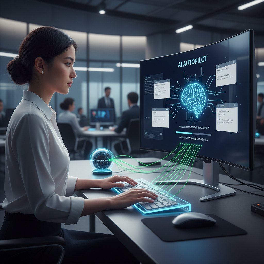 Pracownik przy komputerze w nowoczesnym biurze, automatyczne odpowiedzi email, zaawansowane narzędzia