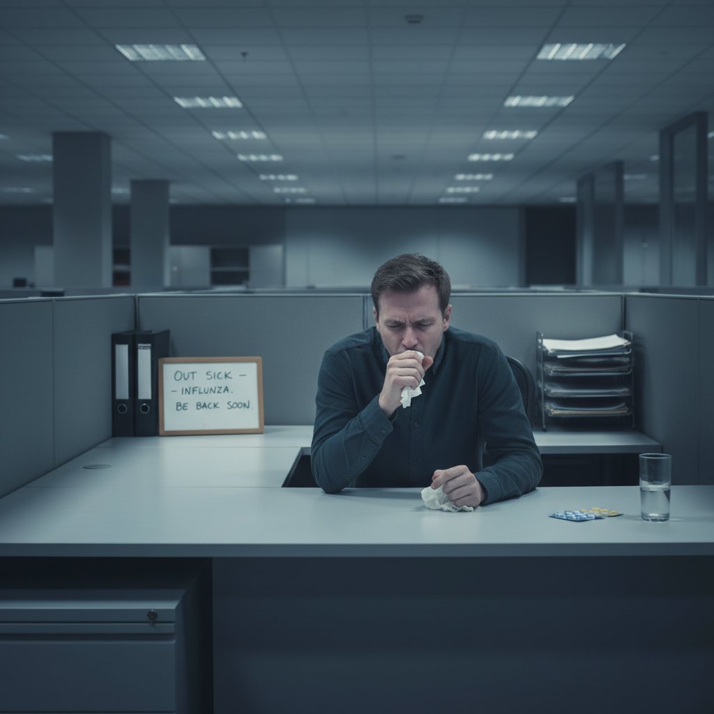 Pracownik biurowy kaszlący przy komputerze, puste stanowisko obok niego, słaba atmosfera w pracy