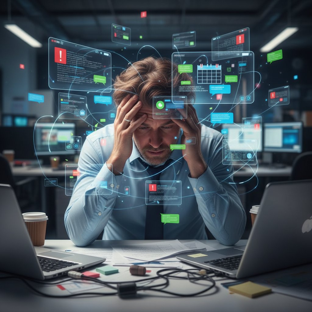 Pracownik biura patrzy na monitor pełen powiadomień, symbolizujących cyfrowy chaos