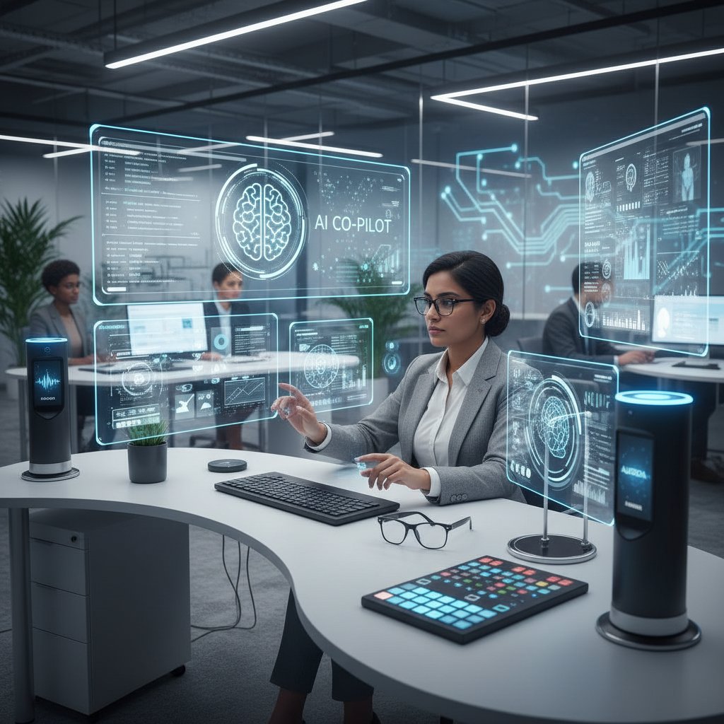 Pracownik biura korzystający z nowoczesnych technologii cyfrowych i AI