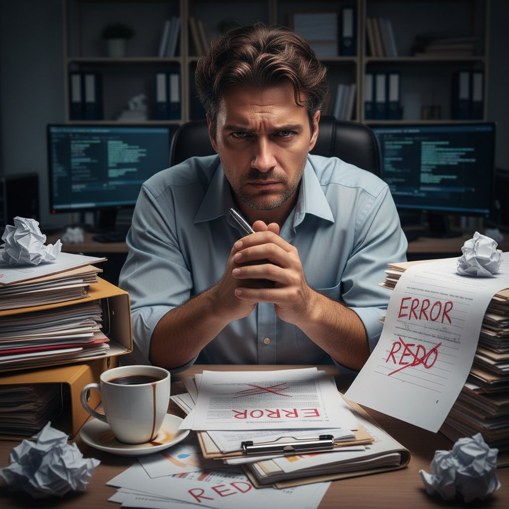 Pracownik biura z głową w dłoniach, wokół stosy dokumentów z czerwonymi poprawkami