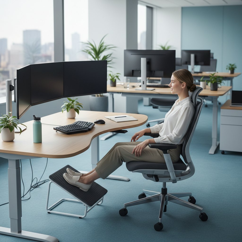 Pracownik biurowy korzystający z ergonomicznego stanowiska, krzesło i poduszka lędźwiowa