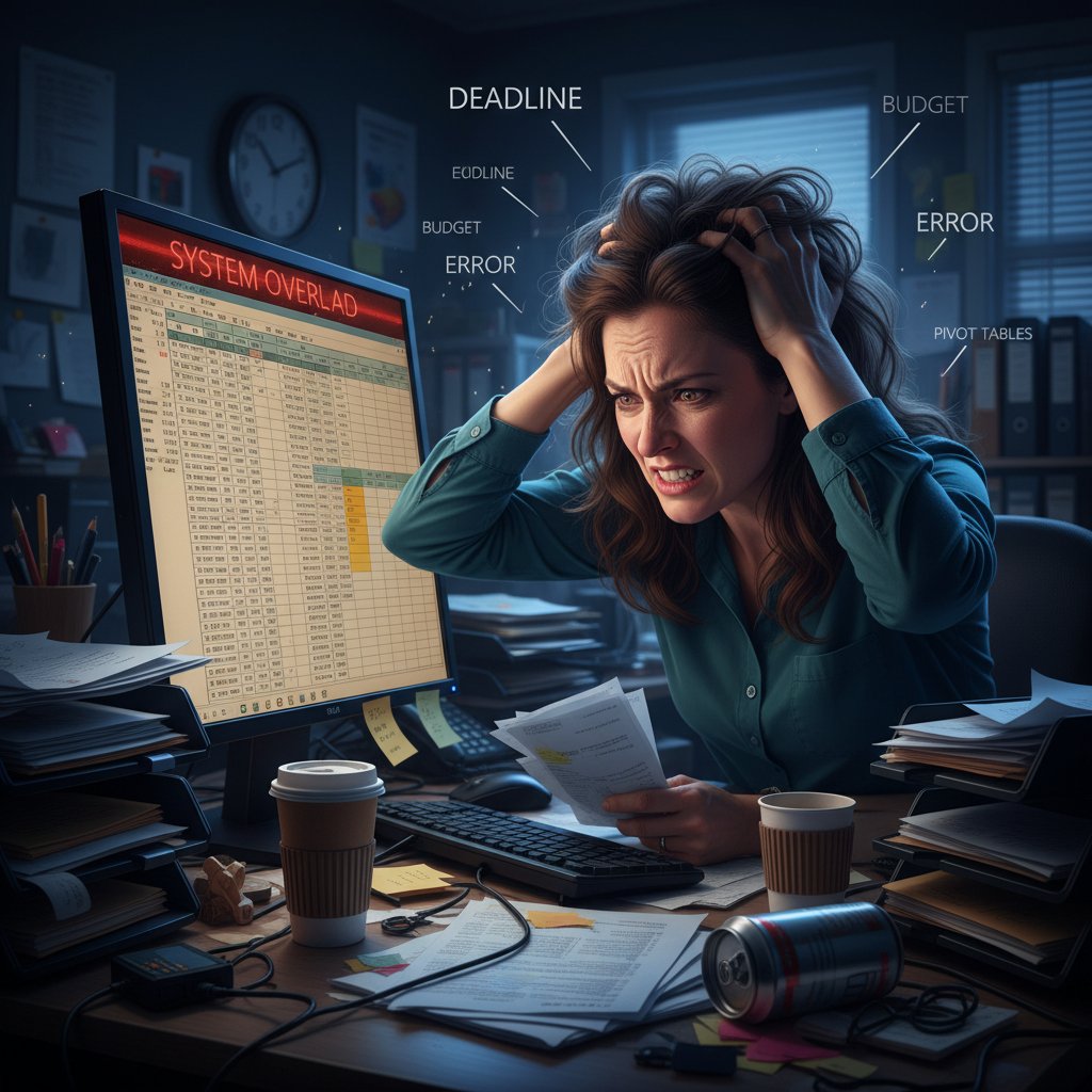 Pracownik próbuje prowadzić ewidencję magazynu za pomocą Excela w zatłoczonym biurze