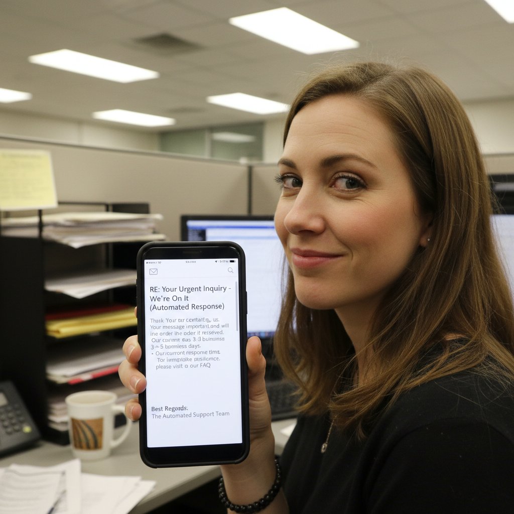 Pracownik biurowy z ironicznym uśmiechem sprawdzający starą, automatyczną odpowiedź na email