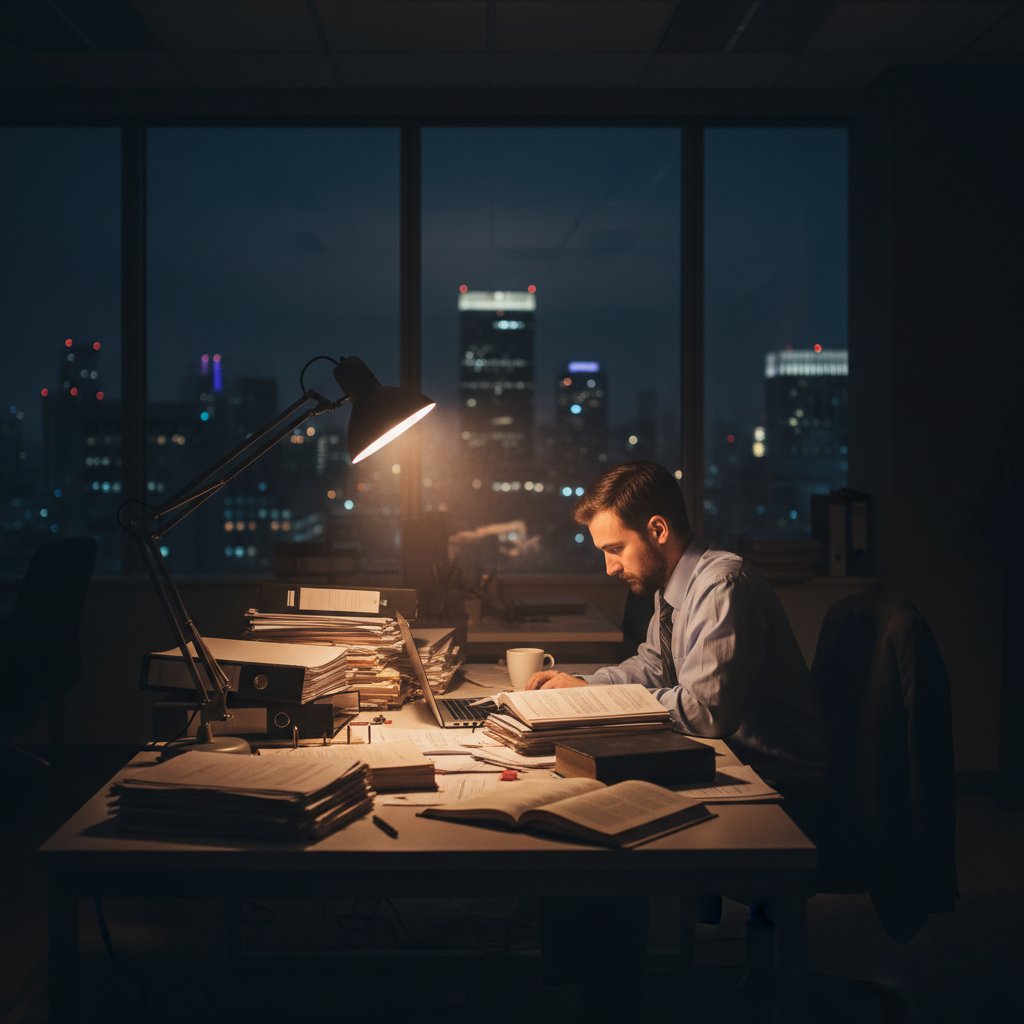 Pracownik biurowy analizujący dokumenty w ciemnym nowoczesnym biurze, symbolizujący niepewność i stres związany z nieznajomością prawa pracy