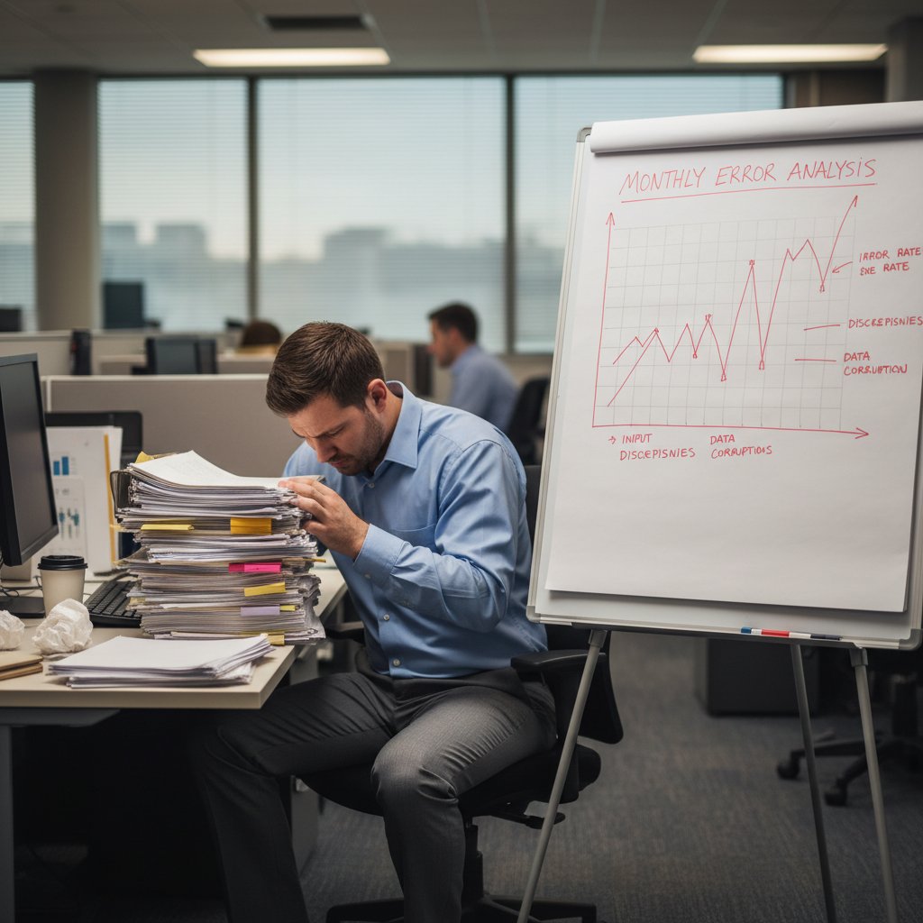 Pracownik biura z ręcznym raportem obok ekranu komputera z błędnym wykresem