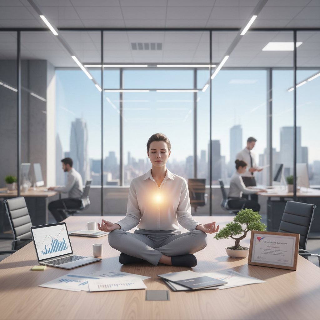 Pracownik biurowy podczas ćwiczenia mindfulness w przerwie w pracy, symbolizujący autentyczność w biznesie