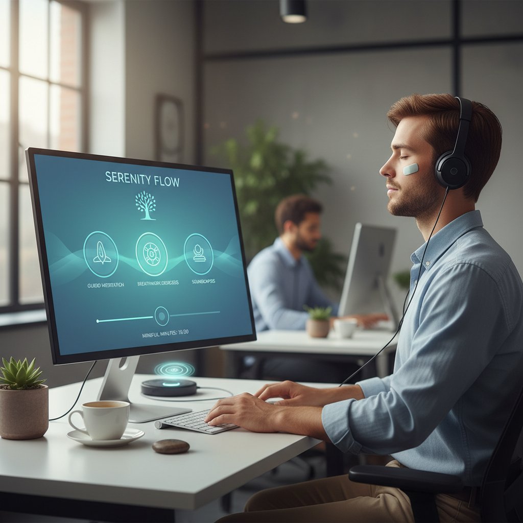 Pracownik korzystający z aplikacji do mindfulness na laptopie, narzędzia do radzenia sobie ze stresem w pracy