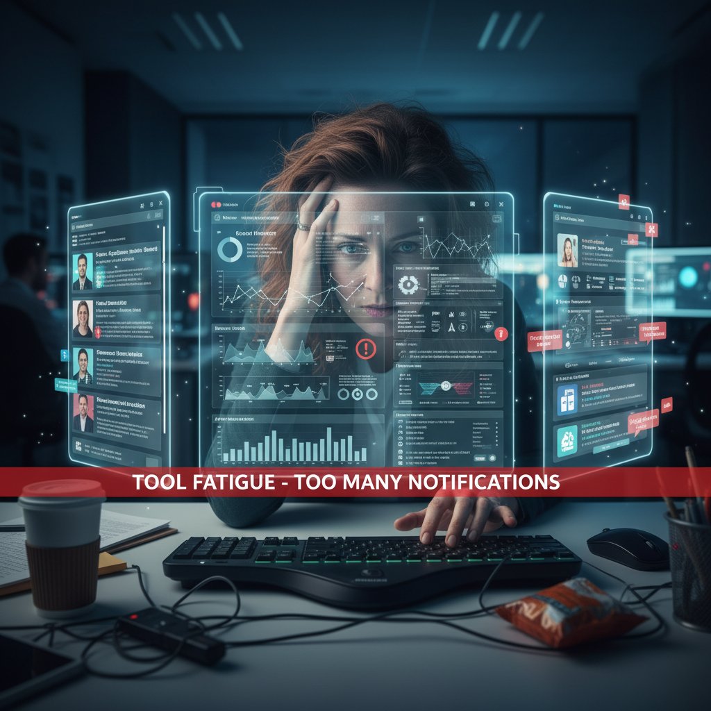 Office worker overwhelmed by multiple digital interfaces and AI notifications, showing tool fatigue