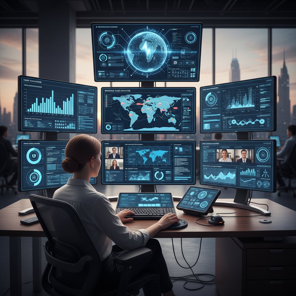 Pracownik korzystający z kilku ekranów i smartfona do zaawansowanego zarządzania zasobami online