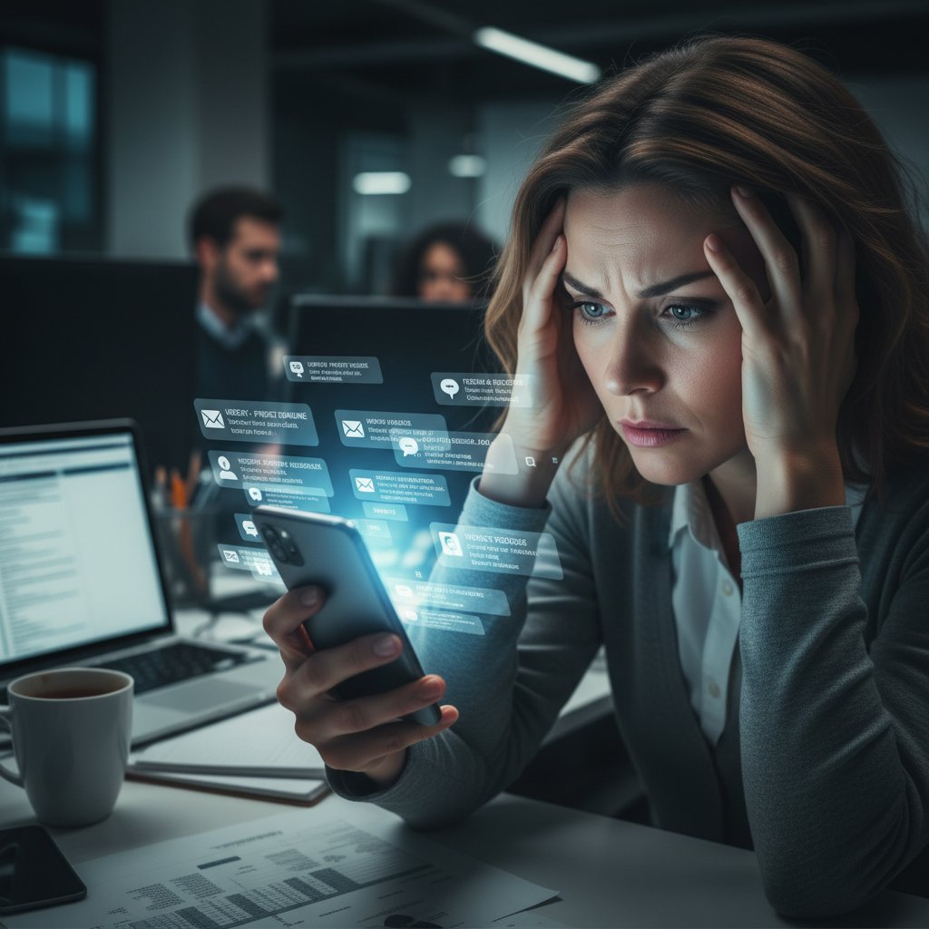 Pracownik z telefonem, intensywnie patrzący w ekran, otoczony świetlnymi powiadomieniami