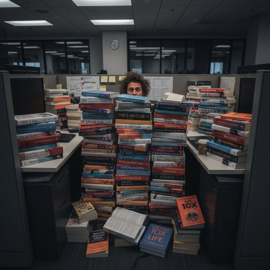 Pracownik biurowy przytłoczony stosami książek o rozwoju osobistym, chaos na biurku
