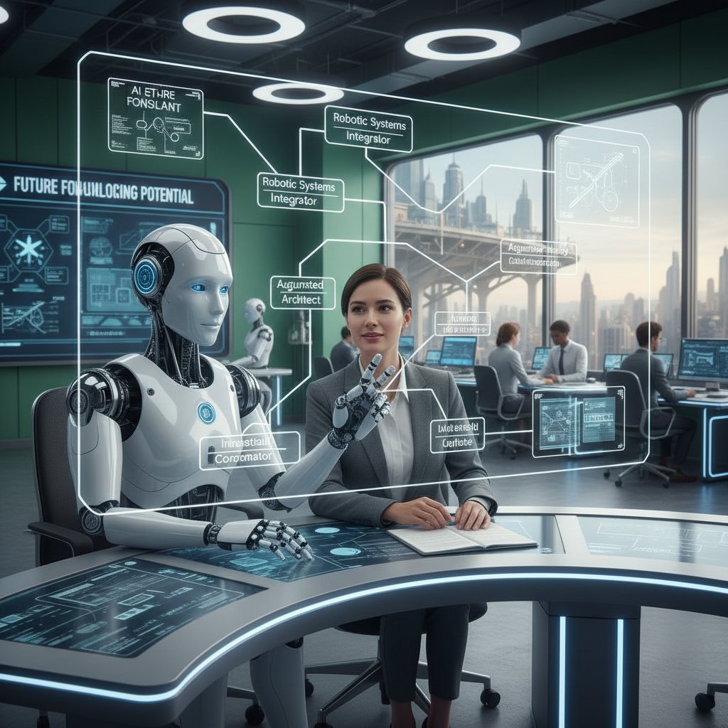 Pracownik biurowy dyskutujący z robotem przy komputerze, symbolizujący nowe szanse zawodowe