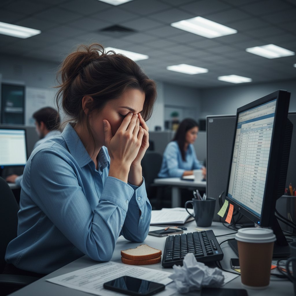 Przemęczony pracownik biurowy przy monitorze, objawy zmęczenia oczu, biuro, noc