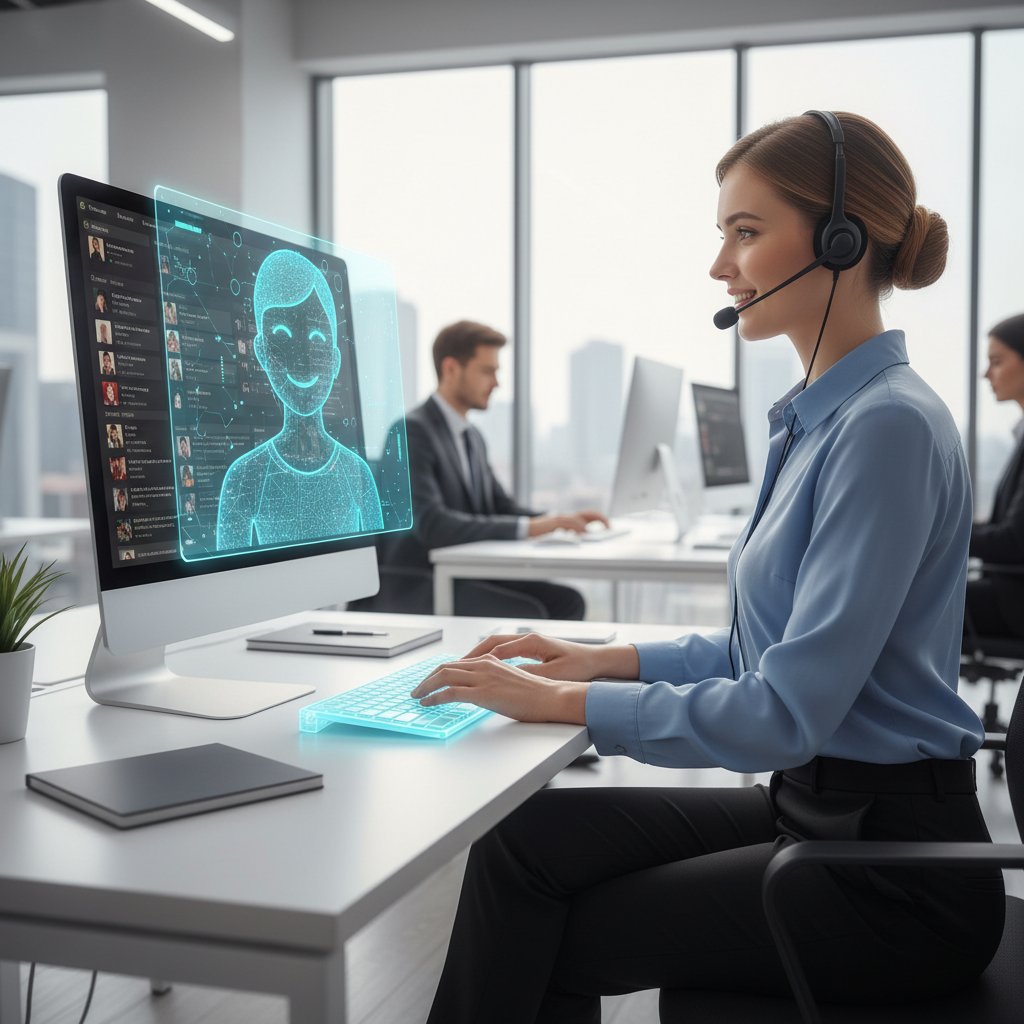 Pracownik biura korzystający z asystenta AI w obsłudze klienta