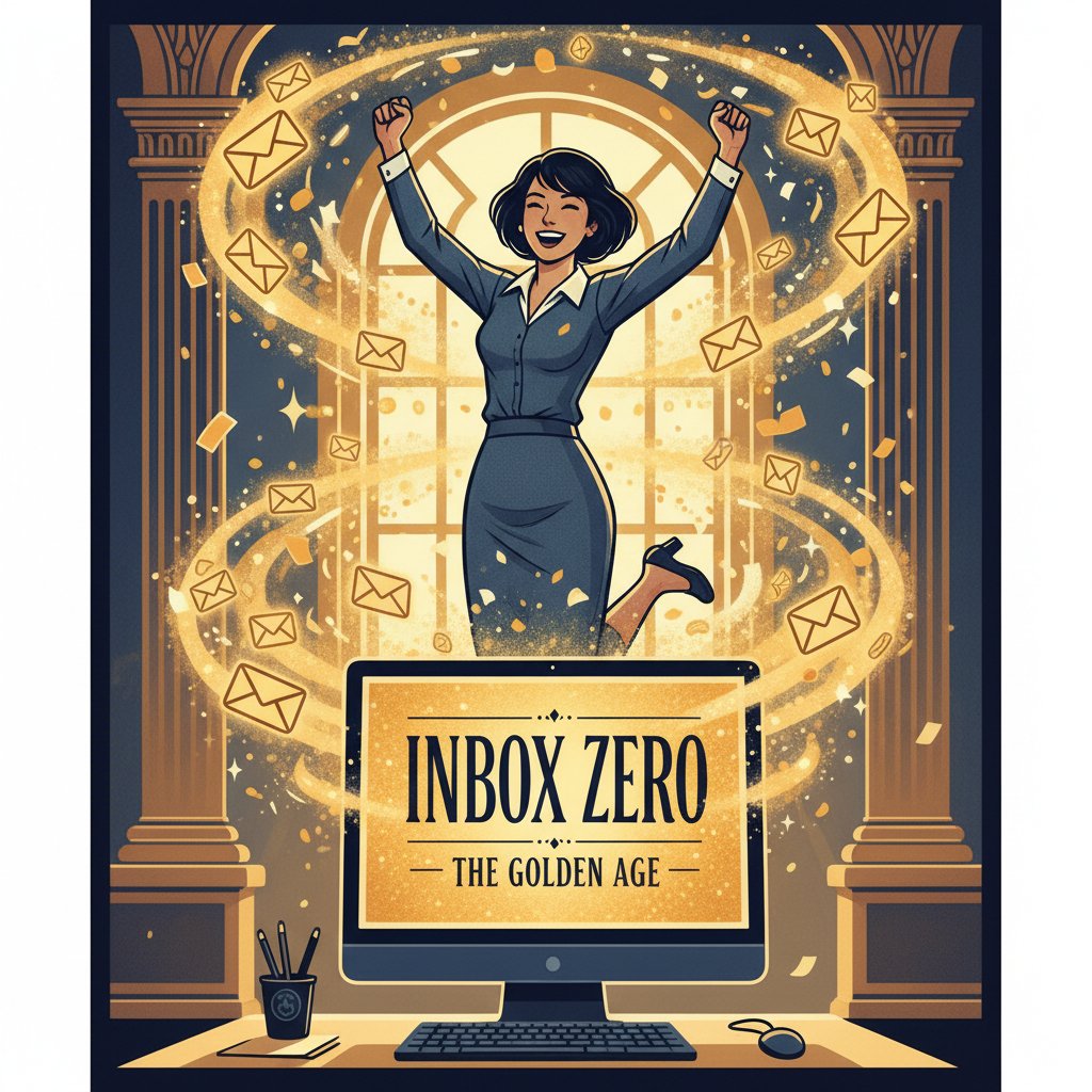 Early 2000s office worker celebrating a clean inbox, representing the golden age of email management