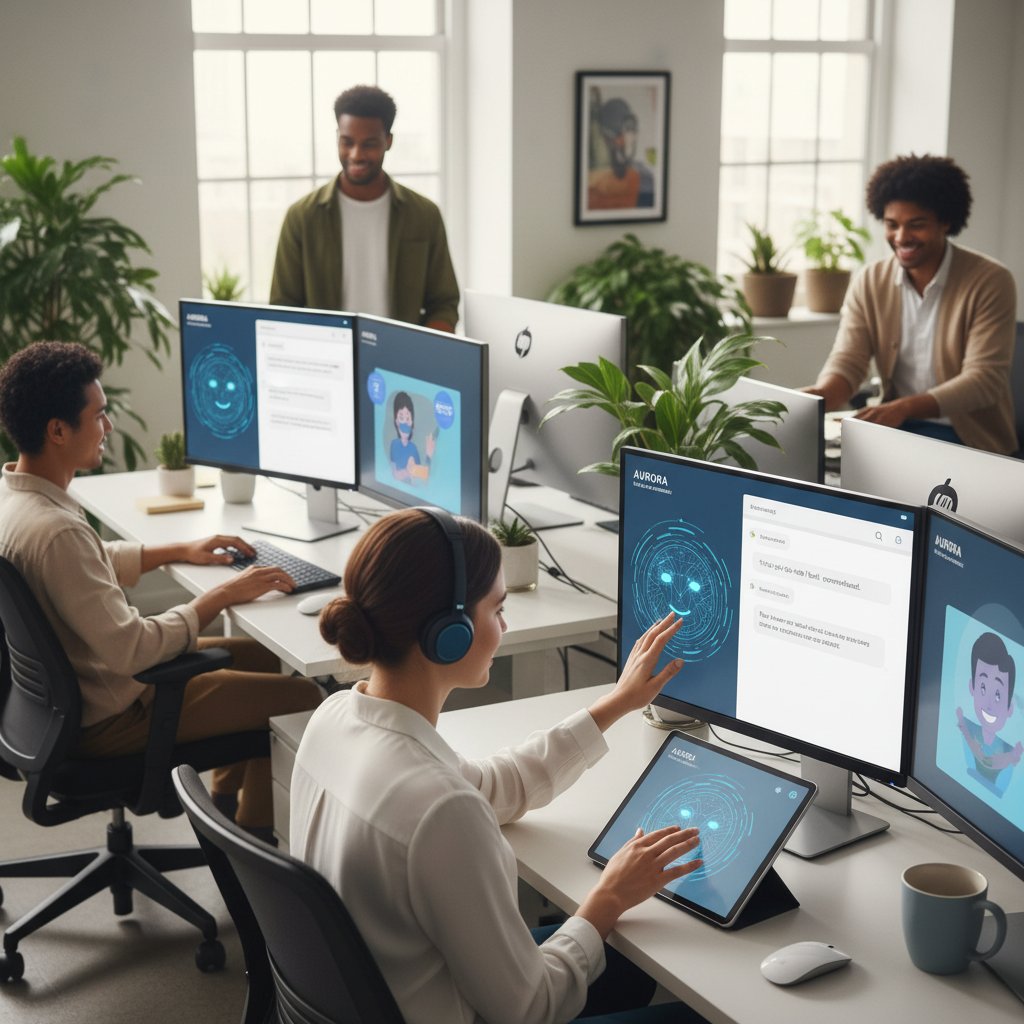 Grupa pracowników w biurze, korzystających z aplikacji AI do wsparcia emocjonalnego