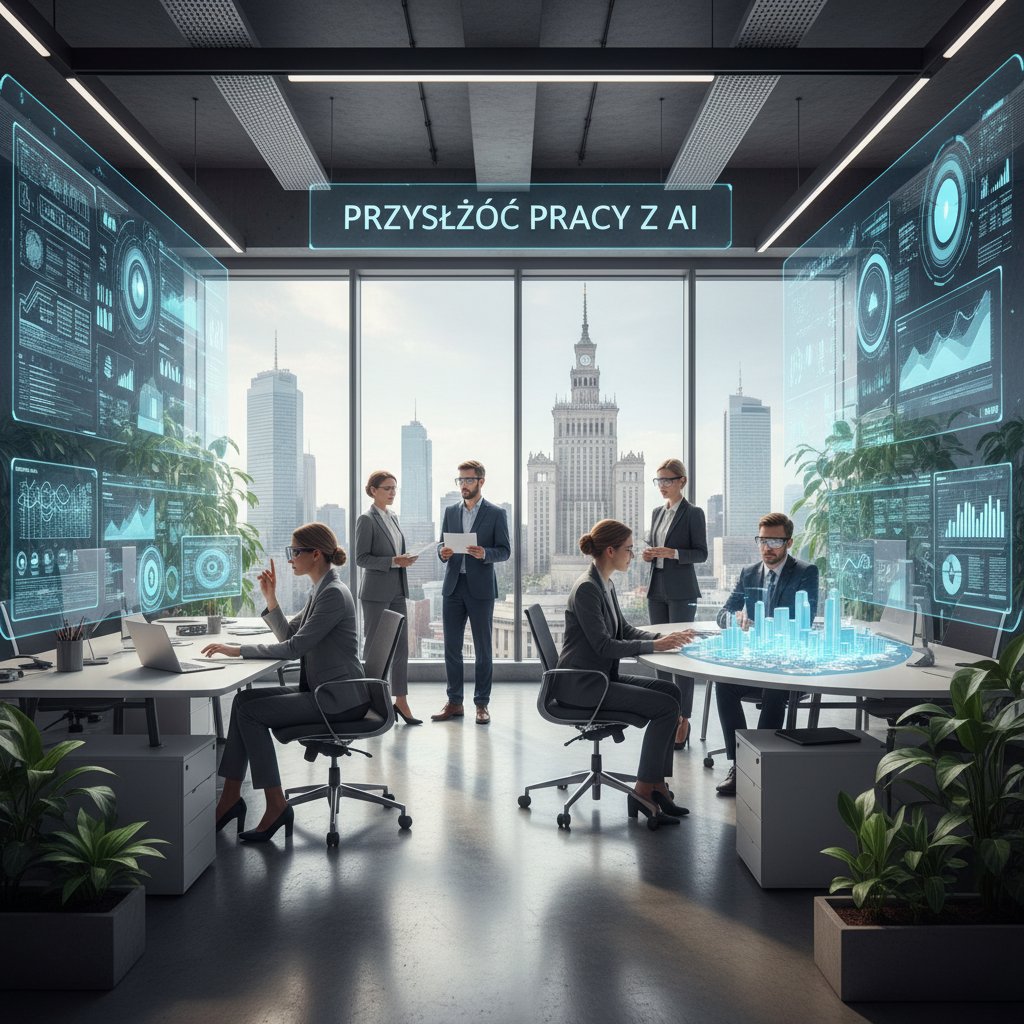 Pracownicy biurowi rozmawiający o wpływie AI na rynek pracy w Polsce, otwarte biuro, nowoczesny klimat