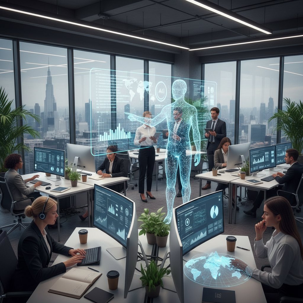 Zespół pracowników biurowych i AI – wspólna analiza raportów, nowoczesne biuro, efektywna współpraca