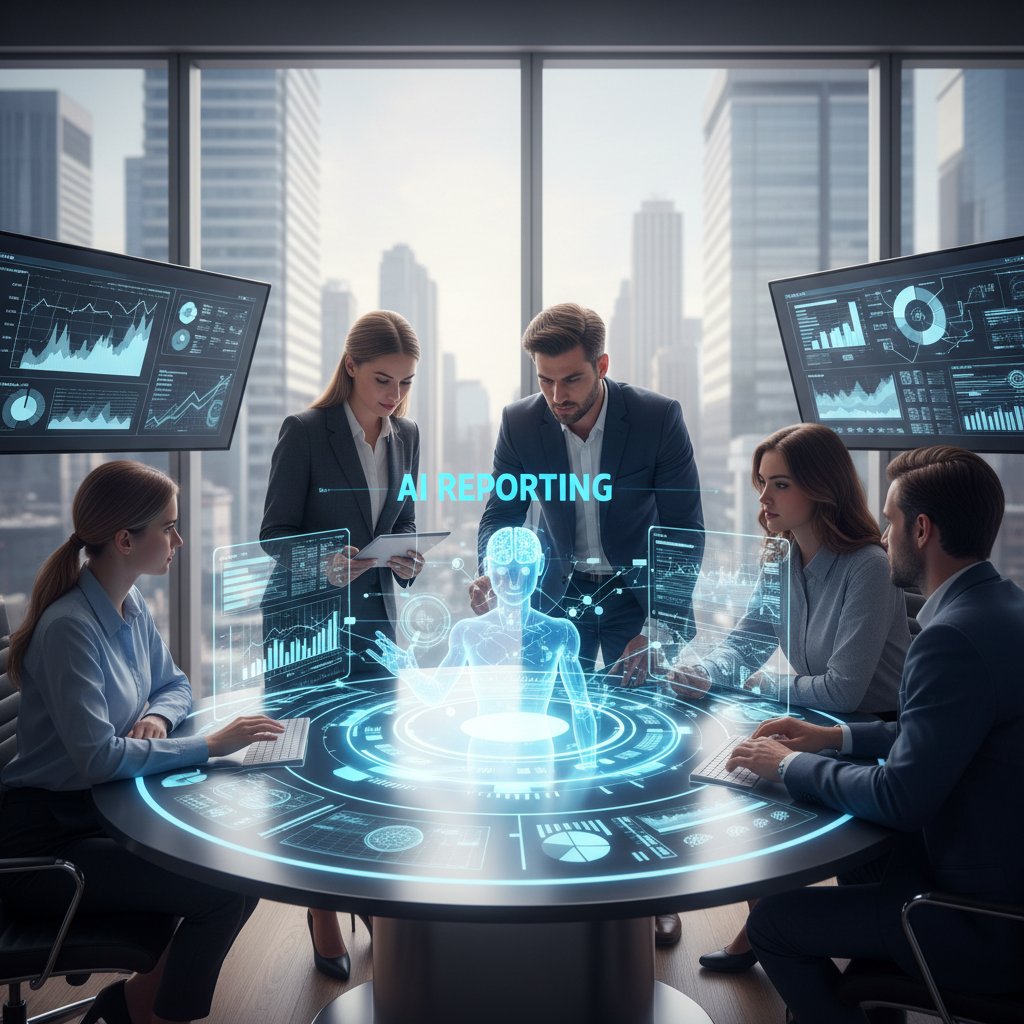 Pracownicy biura podczas burzy mózgów nad wykorzystaniem AI w raportowaniu